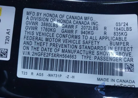 2024 Honda Civic Sport from USA, damaged, VIN 2HGFE2F5XRH564663